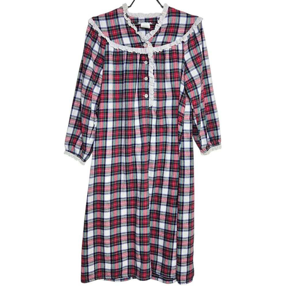 Vintage Lanz of Salzburg Nightgown Size Medium M Flannel Plaid Night Shirt